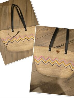 Corazon Playero Boho Straw Tote Bag | Woven Beach Bag | Colorful Chevron Embroid
